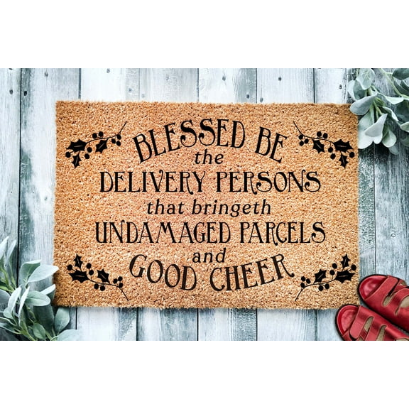 Blessed Be The Delivery Persons Funny Christmas Door Mat | Funny Christmas Doormat | Christmas Holiday Gift | Welcome | Leave Packages
