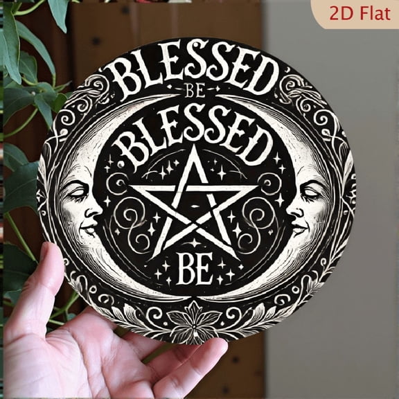 Blessed Be Wiccan Wall Art 8x8 Inch Round Aluminum Sign Pagan Pentagram Decor Gothic Esoteric Metal Plaque for Home and Spiritual Space