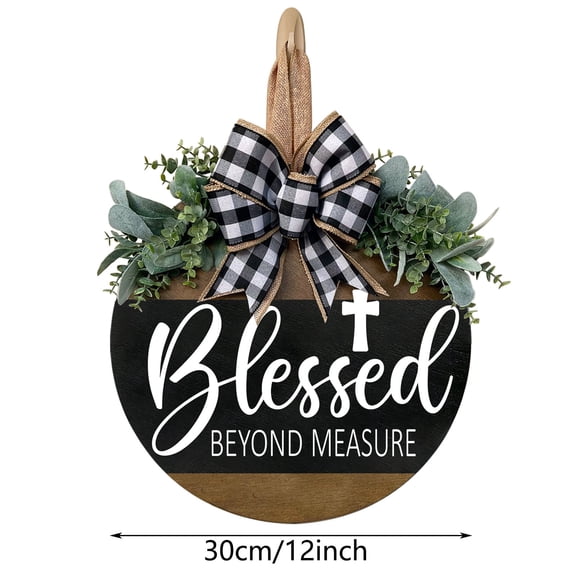 Blessed Beyond Measure Front Door Sign, 12 inch Round Wooden Door Hanger with Cross, Faux Eucalyptus Greenery & Buffalo Plaid Bow, Rustic Farmhouse Christian Porch Wall Decor, Black