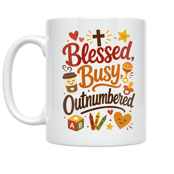 Blessed Busy Outnumbered Design - Christian Family - 11 oz Ceramic Coffee Mug