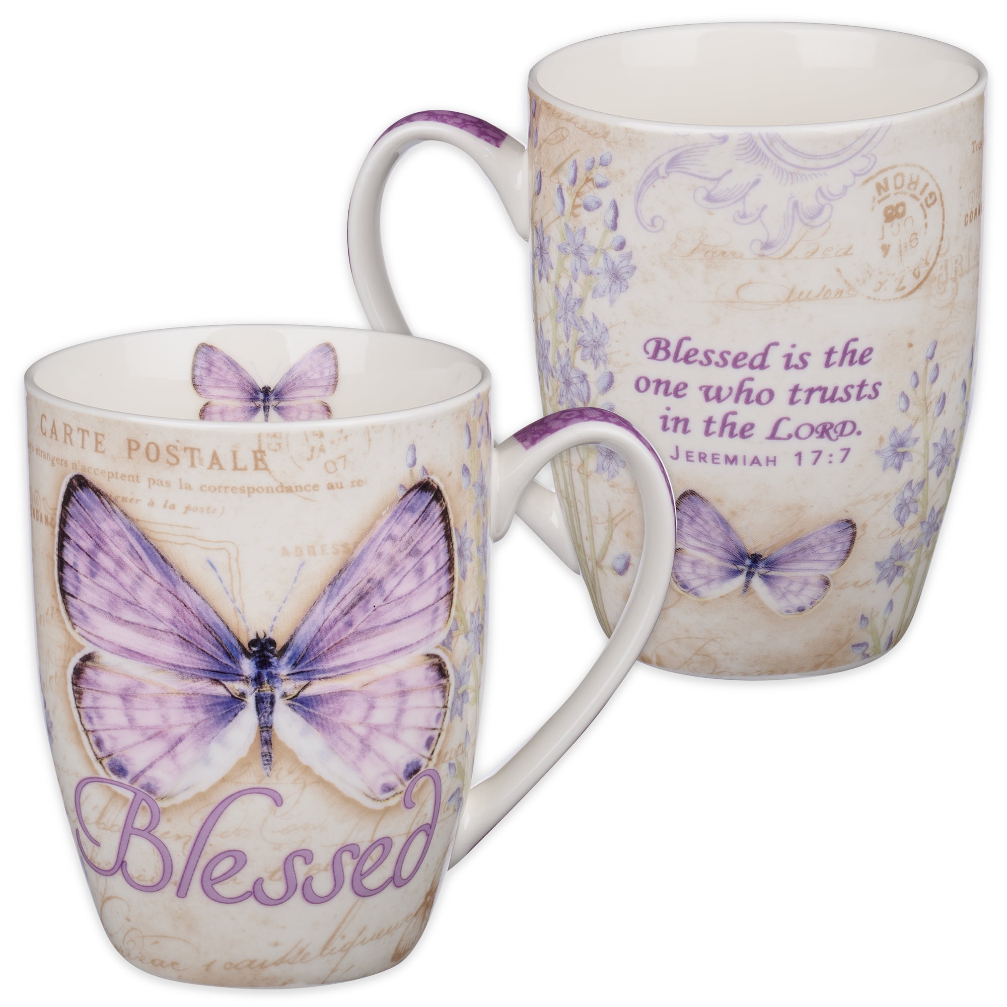 Blessed Butterfly Mug  Botanic Purple Butterfly Coffee Mug w/Jeremiah 17:7, Bible Verse Mug for Women and Men  Inspirational Coffee Cup and Christian Gifts (12-