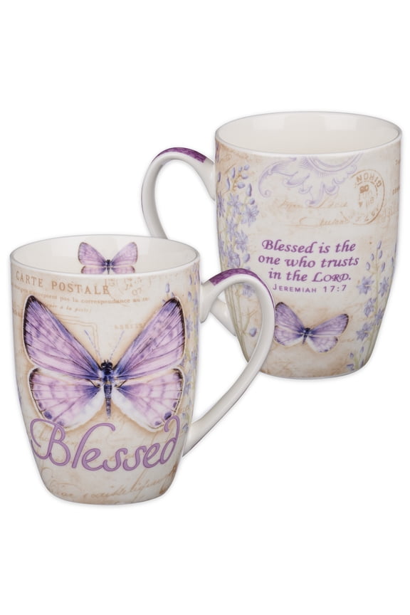 Blessed Butterfly Mug Botanic Purple Butterfly Coffee Mug w/Jeremiah 17:7, Bible Verse Mug for Women and Men Inspirational Coffee Cup and Christian Gifts (12-ounce Ceramic Cup)