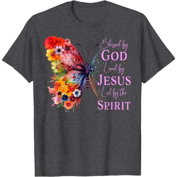 Blessed By God Loved By Jesus Butterfly Softstyle Unisex T-Shirt,Dark Heather Grey Color,Size 5XL