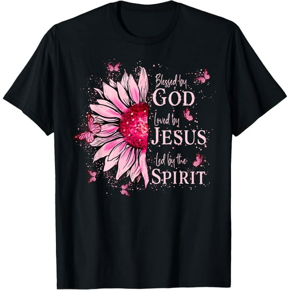 Blessed By God - Loved By Jesus Pink Sunflower T-ShirtMen's and women's short-sleeved pure cotton shirts