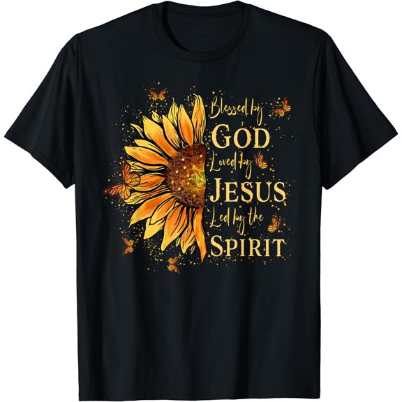 Blessed By God - Loved By Jesus, Sunflower T-Shirt Black 3X-Large