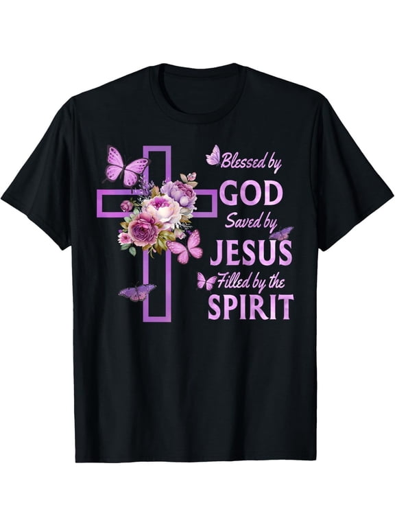 Blessed By God Saved By Jesus Purple Cross Floral Christian Everyday Outfit For Casual Events T-Shirt, Size S-5XL