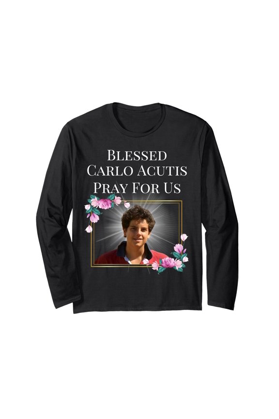 Blessed Carlo Acutis Portrait Long Sleeve T-Shirt with Floral Decorations - Perfect Gift for Faith Enthusiasts