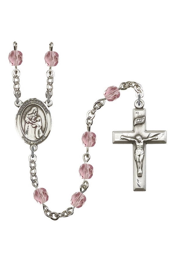 Blessed Caroline Gerhardinger Silver-Plated Rosary 6mm June Light Purple Fire Polished Beads Crucifix 1 3/8 x 3/4 medal