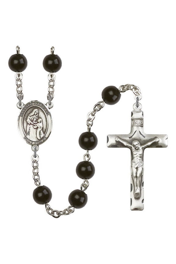 Blessed Caroline Gerhardinger Silver-Plated Rosary 7mm Black Onyx Beads Crucifix Size 1 3/4 x 1 medal charm