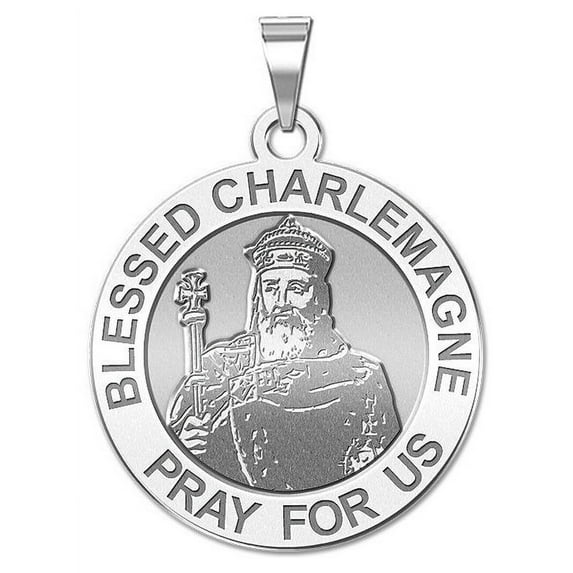 Blessed Charlemagne Round Religious Medal - - 2/3 in Size of Dime, Solid 14K White Gold