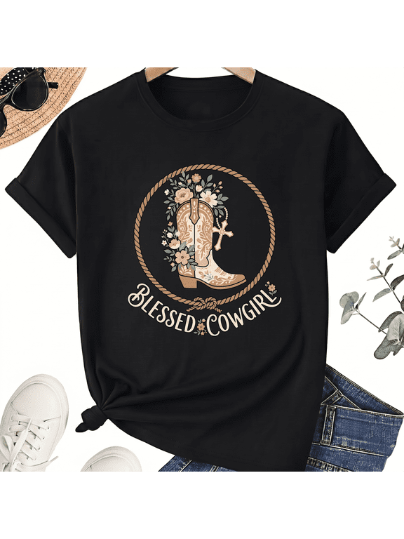 Blessed Cowgirl Floral Boot Graphic T-Shirt, Unisex Cotton Tee