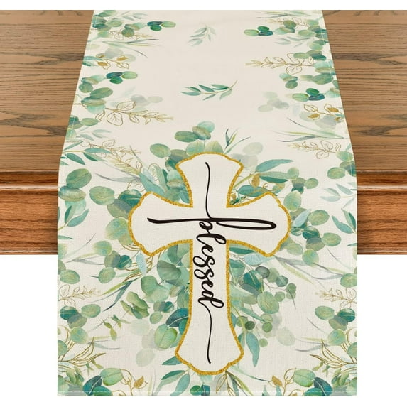 Blessed Cross Eucalyptus Table Runner, Spring Summer Seasonal Kitchen Dining Table Decoration for Home Party Decor 13 x 108 Inch