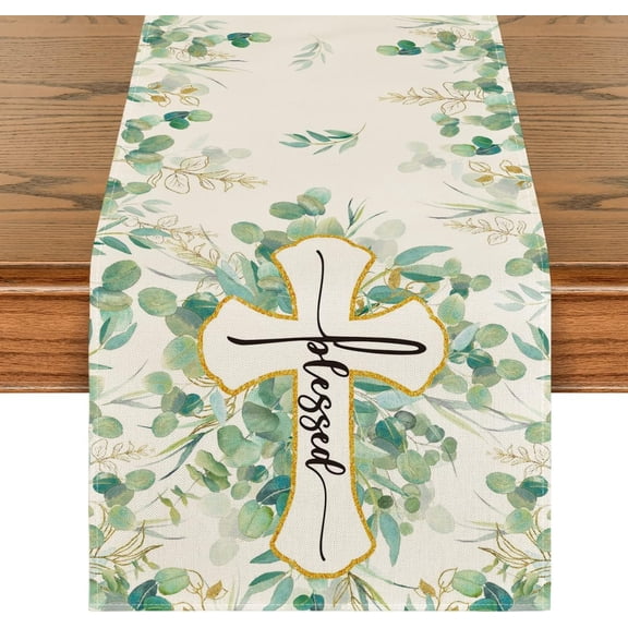 Blessed Cross Eucalyptus Table Runner, Spring Summer Seasonal Kitchen Dining Table Decoration for Home Party Decor 13 x 120 Inch