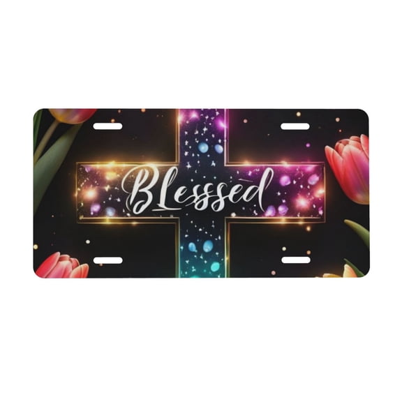 Blessed Cross God License Plate, Car Front License Plates With 4 Holes 6 * 12 Inches