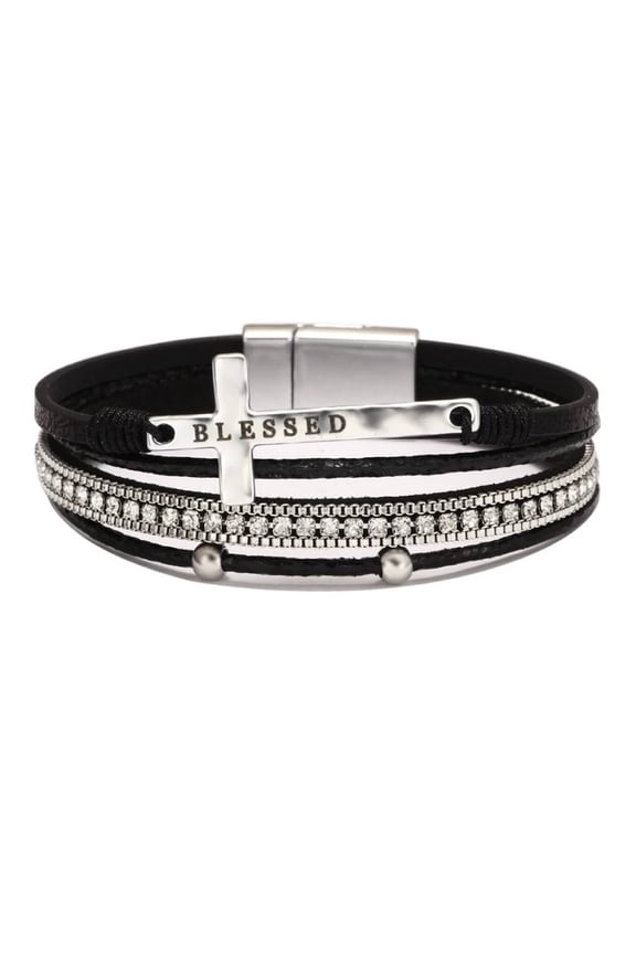 Blessed Cross Leather Wrap Bracelet for Women, Multi-Layer Rhinestone Cuff Bracelet, Christian Faith Jewelry with Magnetic Clasp, Boho Religious Stackable Bracelet