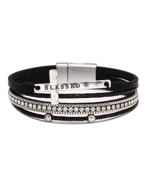 Blessed Cross Leather Wrap Bracelet for Women, Multi-Layer Rhinestone Cuff Bracelet, Christian Faith Jewelry with Magnetic Clasp, Boho Religious Stackable Bracelet