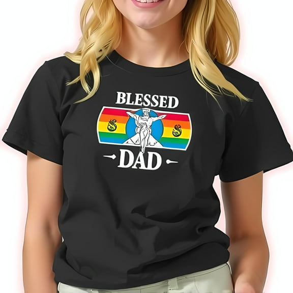 Blessed Dad Graphic T-Shirt - in Rainbow Band Design Casual Cotton Short Sleeve Tee for Fun & Humor