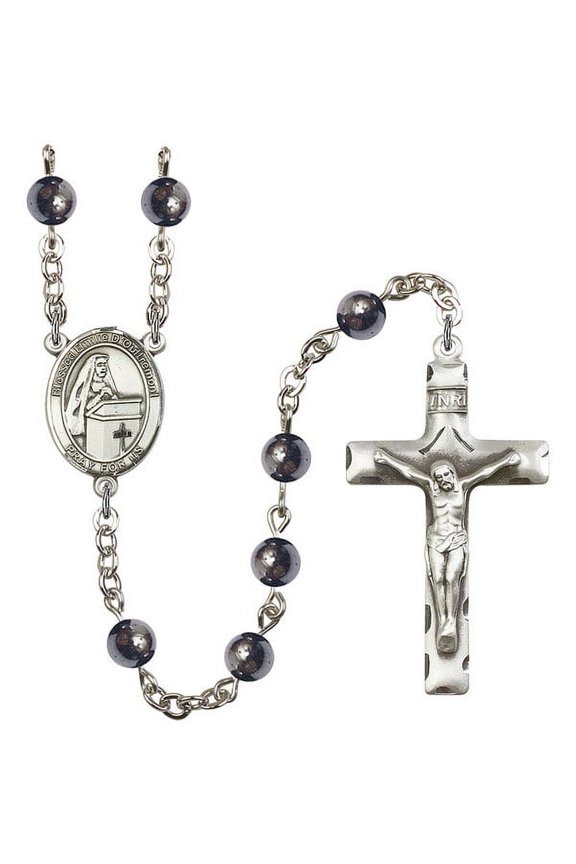 Blessed Emilee Doultremont Silver-Plated Rosary 6mm Hematite Beads Crucifix Size 1 3/4 x 1 medal charm