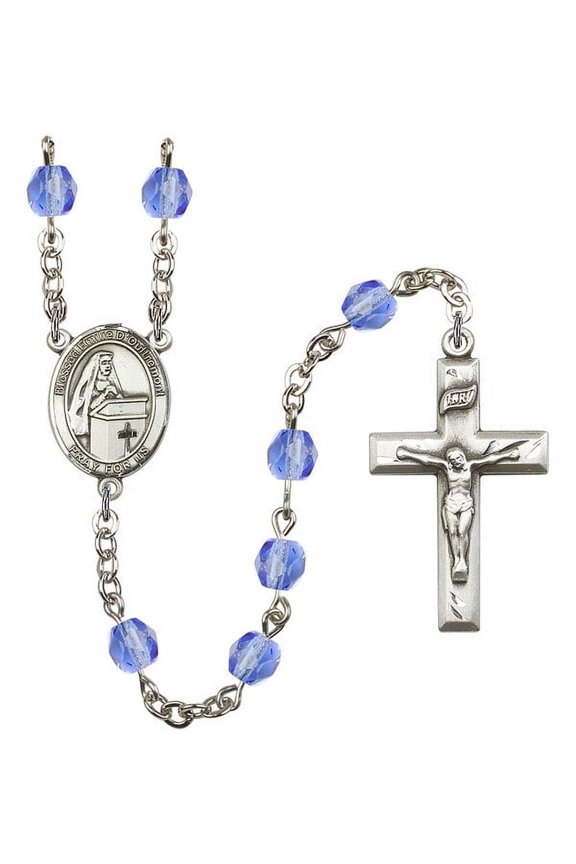 Blessed Emilee Doultremont Silver-Plated Rosary 6mm September Blue Fire Polished Beads Crucifix Size 1 3/8 x 3/4 medal charm