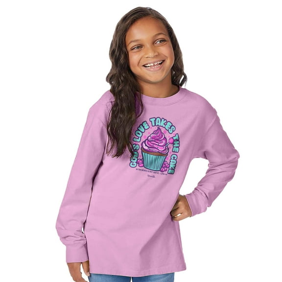 Blessed Girl Kids Long Sleeve T-Shirt Cupcake, Light Pink, XL