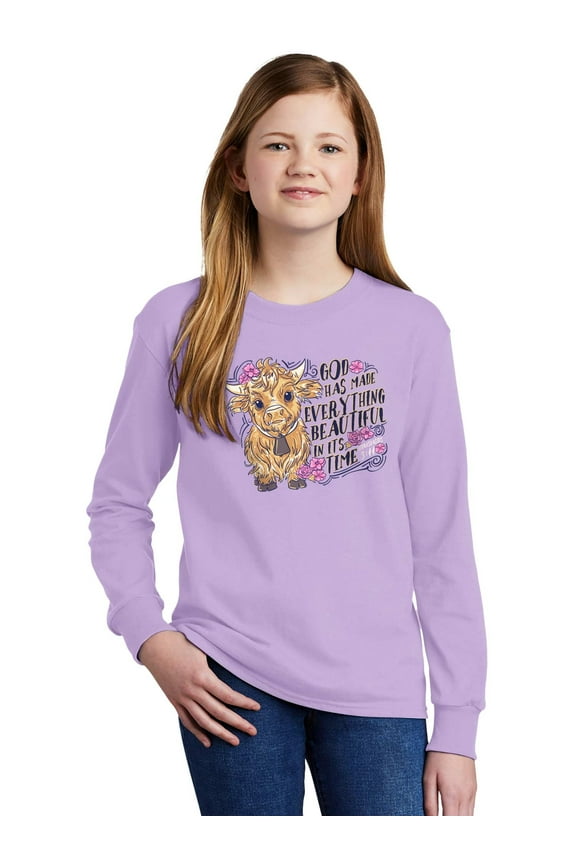 Kids Long Sleeve T-Shirt Highland Cow, Lavender, XL