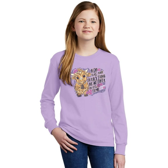 Blessed Girl Kids Long Sleeve T-Shirt Highland Cow, Lavender, XL