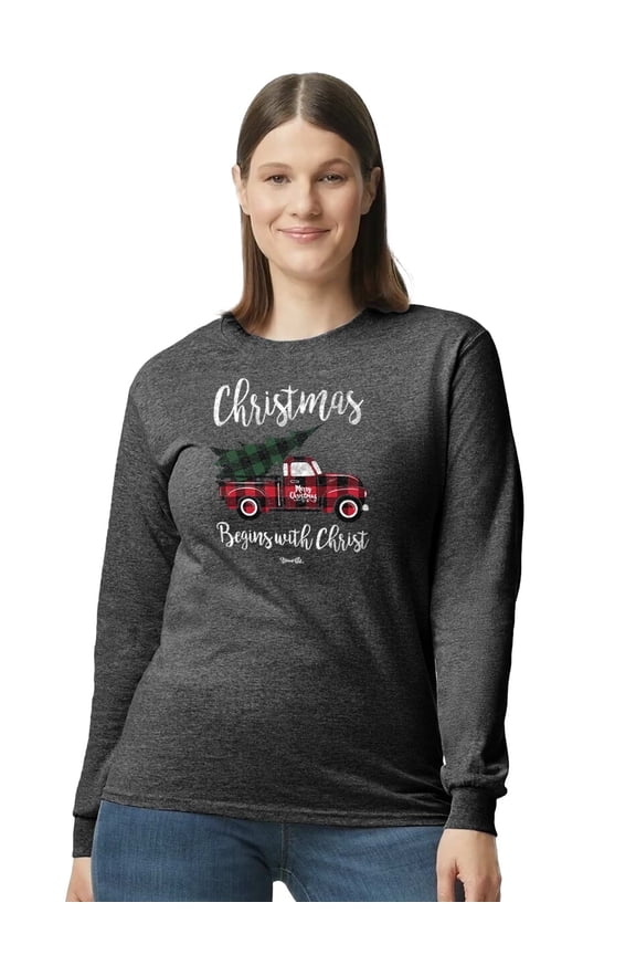 Womens Long Sleeve T-Shirt Christmas Truck, Charcoal Heather, XL