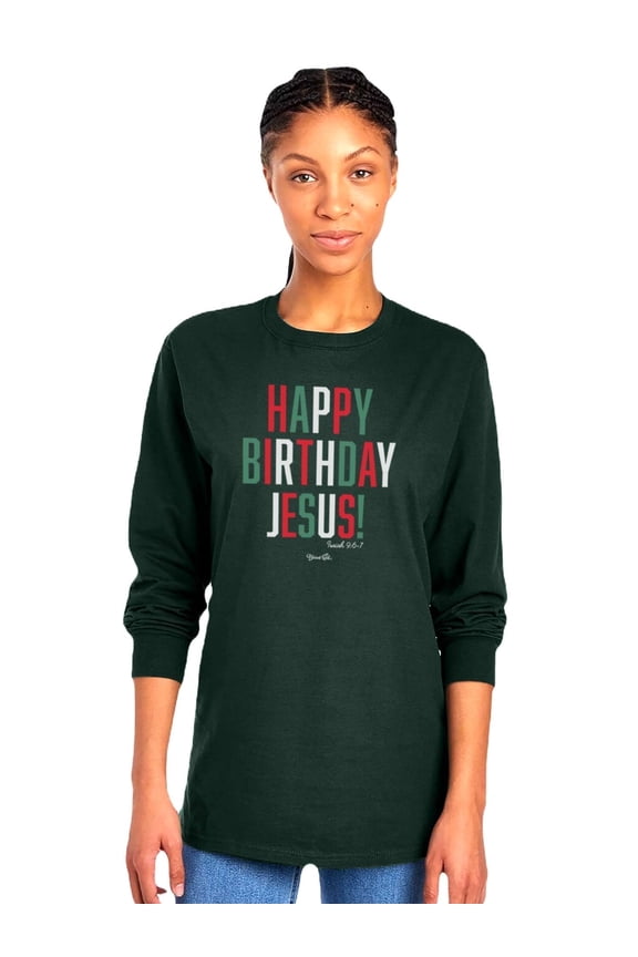 Womens Long Sleeve T-Shirt Happy Birthday Jesus, Forest Green, XL