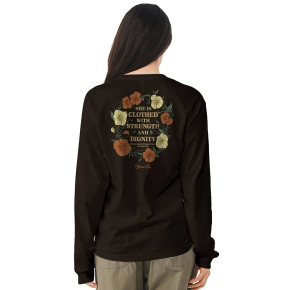 Womens Long Sleeve T-Shirt Strength & Dignity Floral, Chocolate, XL