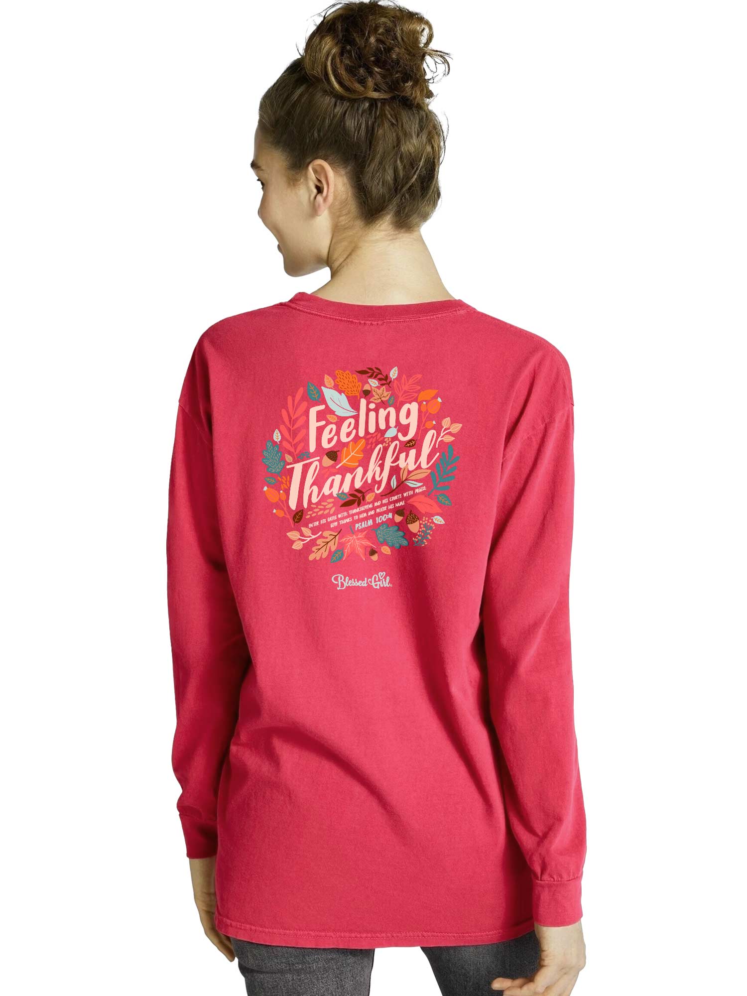 Blessed Girl Womens Long Sleeve T-Shirt - Feeling Thankful - Deep Coral