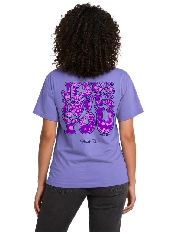 Womens Short Sleeve T-Shirt Jesus Loves You Groovy, Violet, 2X