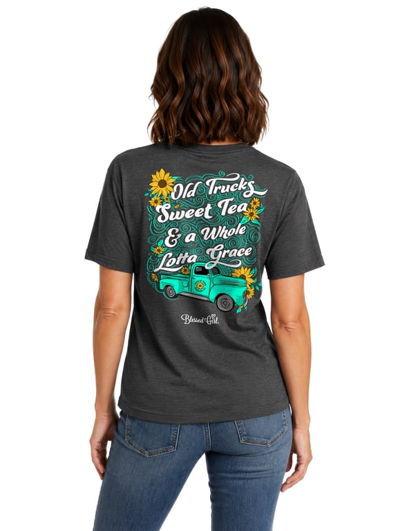 Womens Short Sleeve T-Shirt Old Trucks, Black Heather, SM
