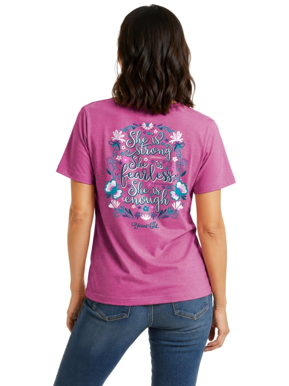 Womens Short Sleeve T-Shirt She Is Strong, Retro Heather Pink, SM