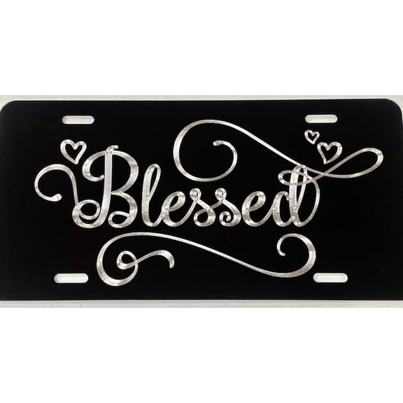 Blessed Heart Car Tag Engraved License Plate Silver Diamond Etched on Black Aluminum Metal Weatherproof Rustproof Great Christian Gift