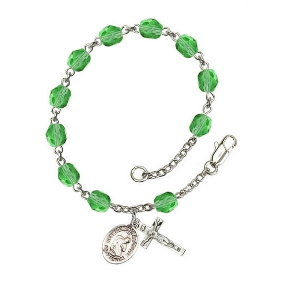 Blessed Herman the Cripple Silver Plate Rosary Bracelet 6mm August Green Fire Polished Beads Crucifix Size 5/8 x 1/4 medal