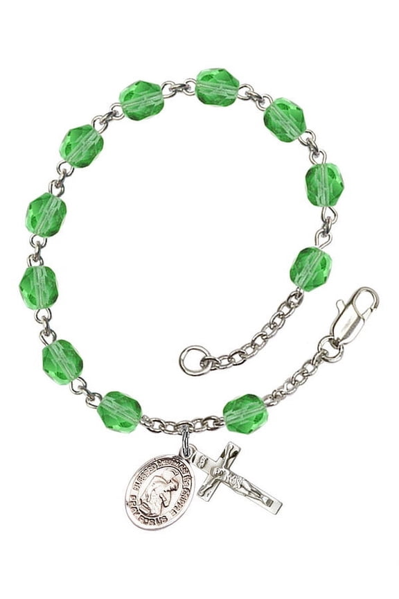 Blessed Herman the Cripple Silver Plate Rosary Bracelet 6mm August Green Fire Polished Beads Crucifix Size 5/8 x 1/4 medal