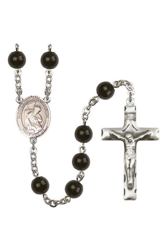 Blessed Herman the Cripple Silver-Plated Rosary 7mm Black Onyx Beads Crucifix Size 1 3/4 x 1 medal charm