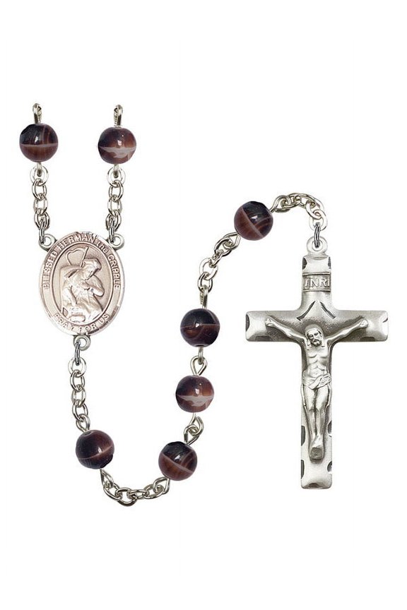 Blessed Herman the Cripple Silver-Plated Rosary 7mm Brown Beads Crucifix Size 1 3/4 x 1 medal charm