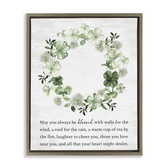 Stupell Industries Blessed Irish Clover Wreath Brown Framed Floater Canvas Wall Art, design by Lettered and Lined, 31 x 25