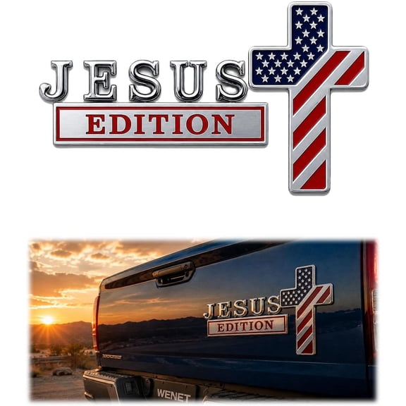 Blessed Jesus Edition Cross Emblem Metal Badge, 3D Chrome Metal American Flag Car Emblem, We The People Patriot Flag Auto Decal Stickers for Car, Truck, SUV, RV, Motorcycle(1PC)