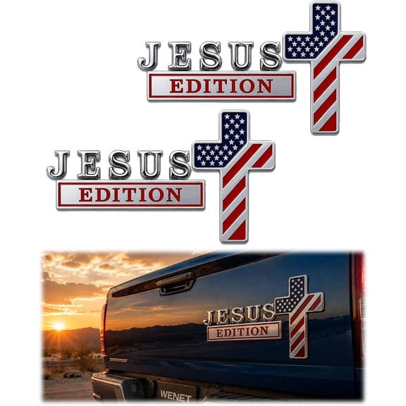 Blessed Jesus Edition Cross Emblem Metal Badge, 3D Chrome Metal American Flag Car Emblem, We The People Patriot Flag Auto Decal Stickers for Car, Truck, SUV, RV, Motorcycle(2PCS)