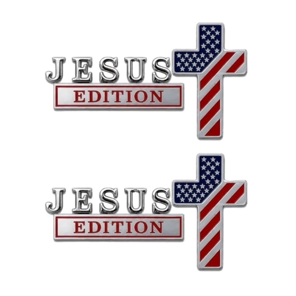 Blessed Jesus Edition Cross Metal Car Emblem, Raised 3D Chrome Christian American Flag Auto Badge, Metal Cross Christian Car Stickers for Truck, SUV (2pc)