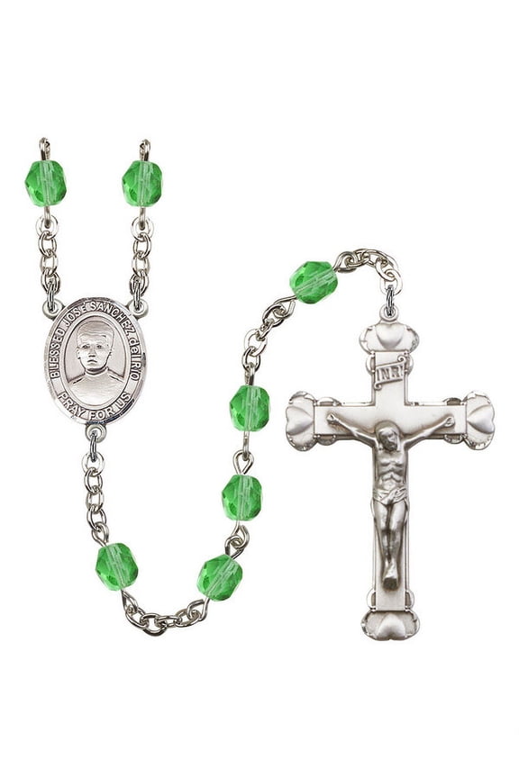 Blessed Jose Canchez del Rio Silver-Plated Rosary 6mm August Green Fire Polished Beads Crucifix Size 1 5/8 x 1 medal charm