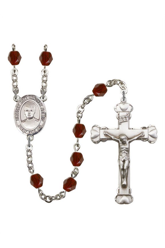 Blessed Jose Canchez del Rio Silver-Plated Rosary 6mm January Red Fire Polished Beads Crucifix Size 1 5/8 x 1 medal charm