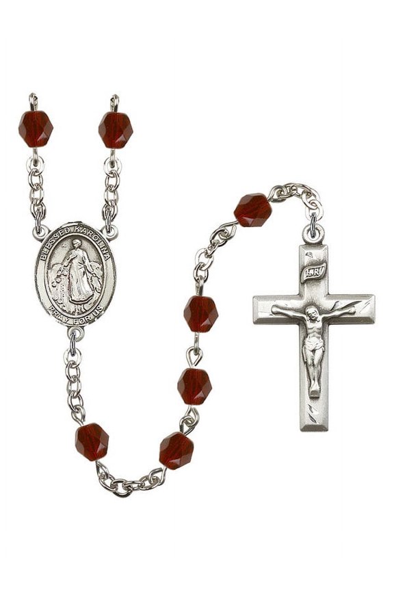 Blessed Karolina Kozkowna Silver-Plated Rosary 6mm January Red Fire Polished Beads Crucifix Size 1 3/8 x 3/4 medal charm