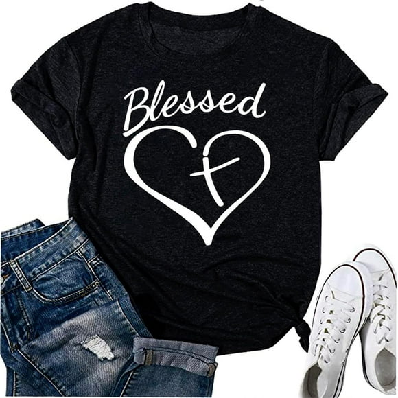Blessed Letter Print T-Shirt Women Love Heart Cross Graphic Shirt Casual Short Sleeve Thankful Christian Tee Tops