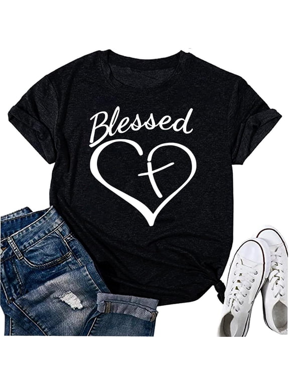 Blessed Letter Print T-Shirt Women Love Heart Cross Graphic Shirt Casual Short Sleeve Thankful Christian Tee Tops