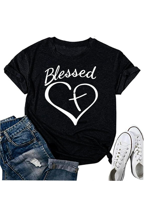 Blessed Letter Print T-Shirt Women Love Heart Cross Graphic Shirt Casual Short Sleeve Thankful Christian Tee Tops