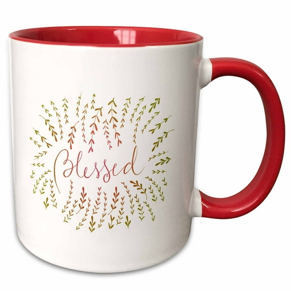 3drose, Blessed Lettering with Leaves, 15oz Two-tone Red Mug