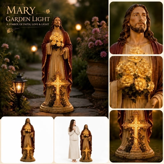Blessed Light Of Jesus Garden Sculpture, Solar Powered Virgin Mary Statue with LED Glowing Roses, Waterproof Religious Art Ornament for Christian Yard Memorial Decor Gift,2PCS